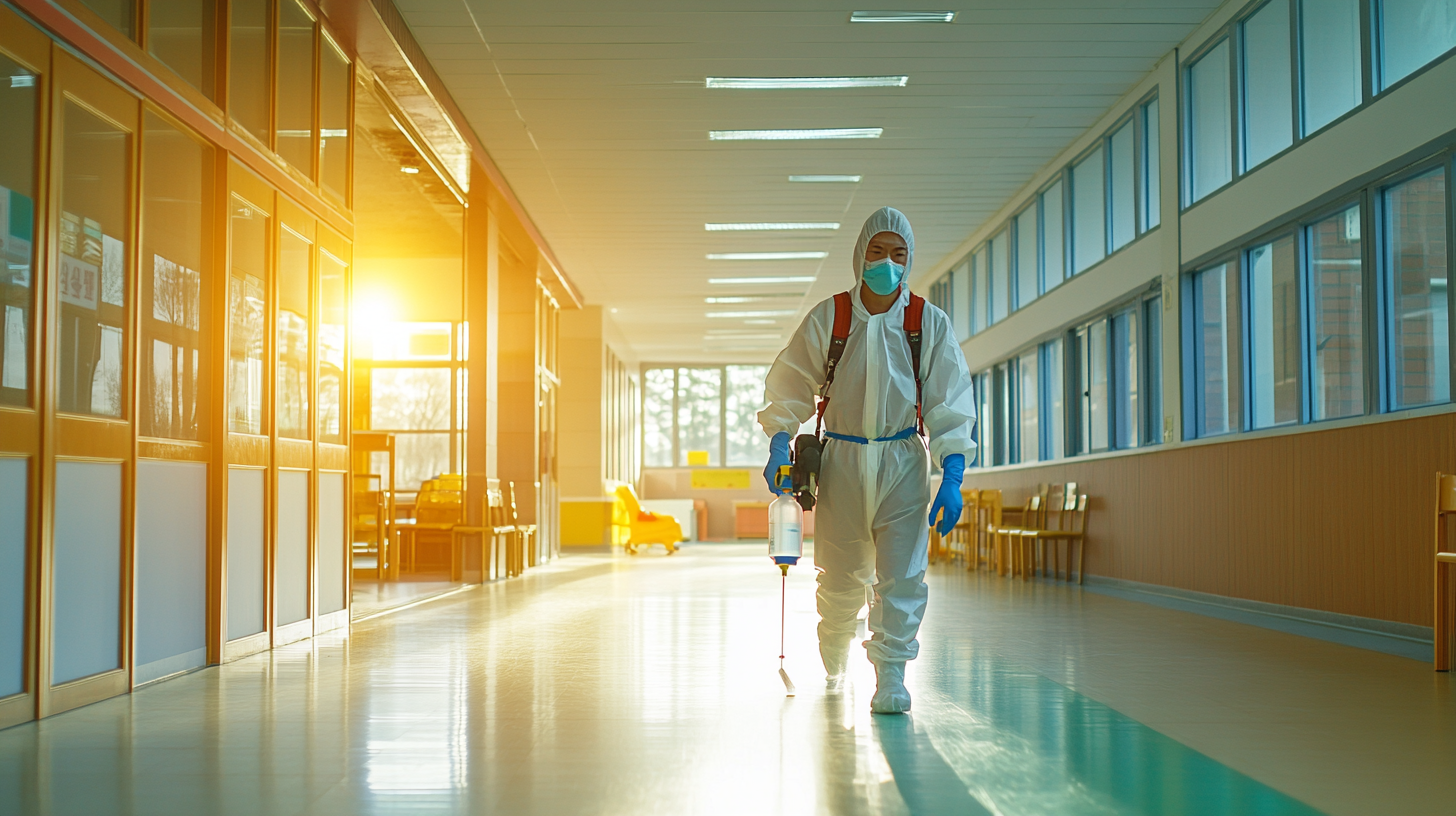 Korean man sanitizing clean school with disinfectant spray machine.