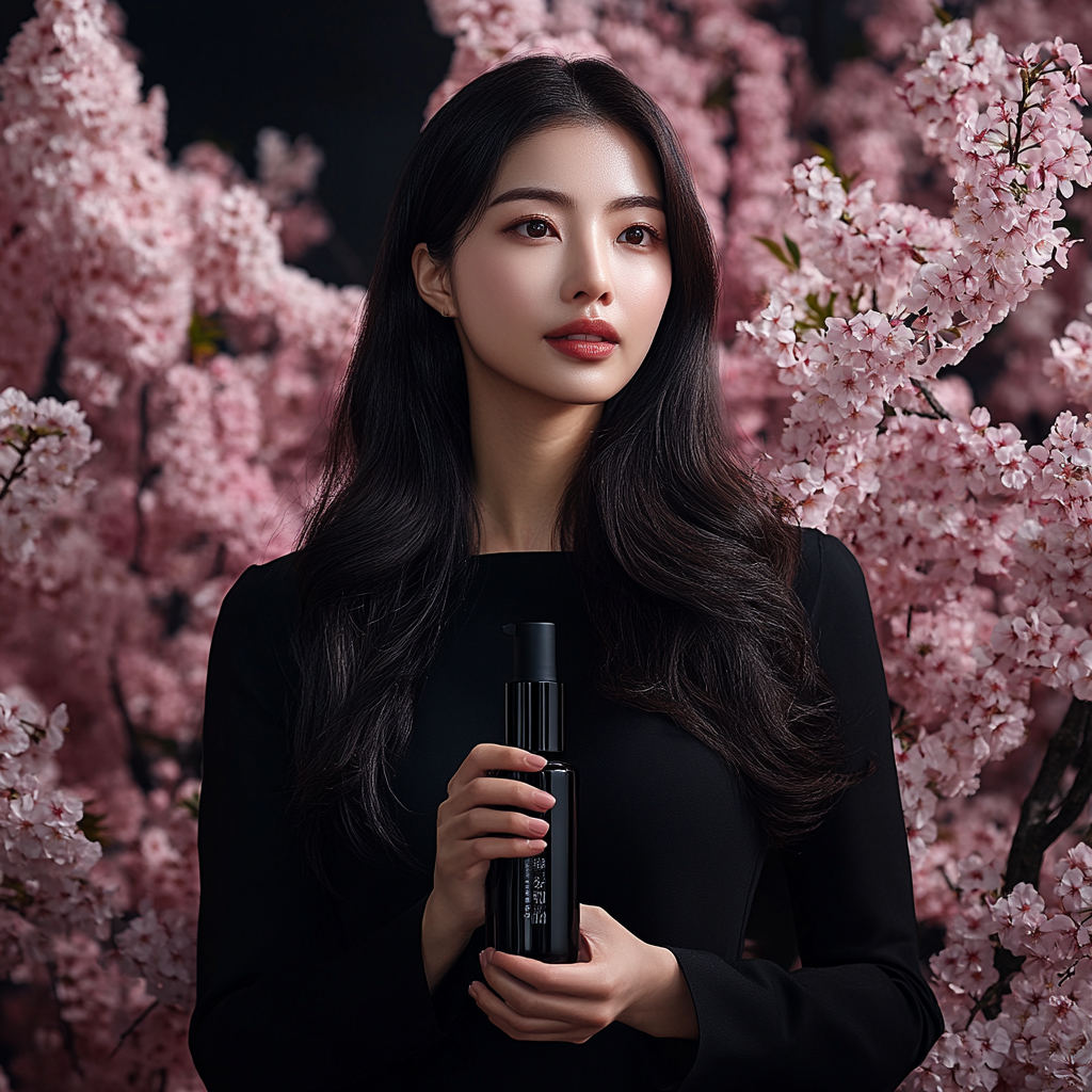 Korean model holding black cream lotion by sakura mockups.