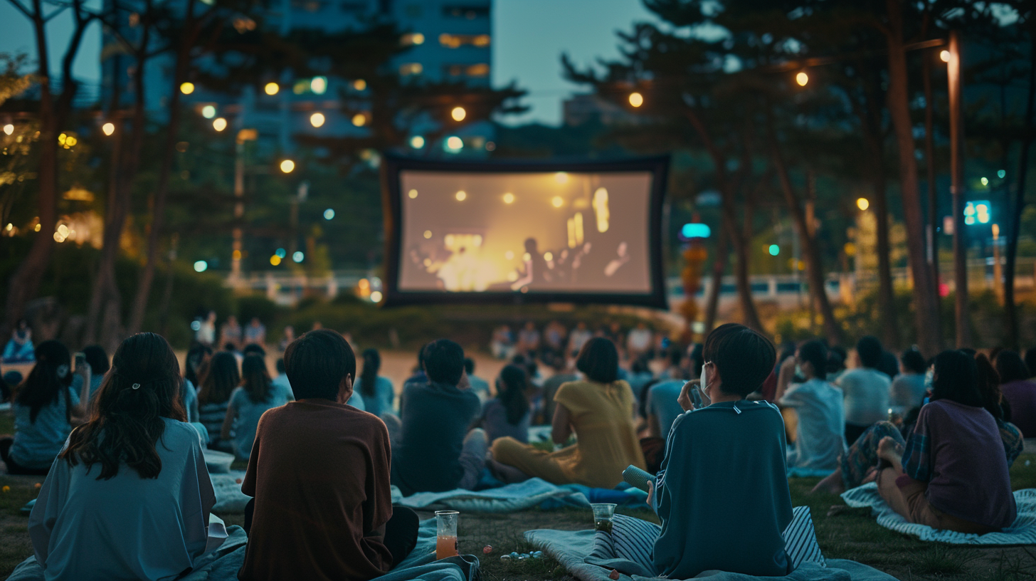 Korean people watching movie outdoors in city park.