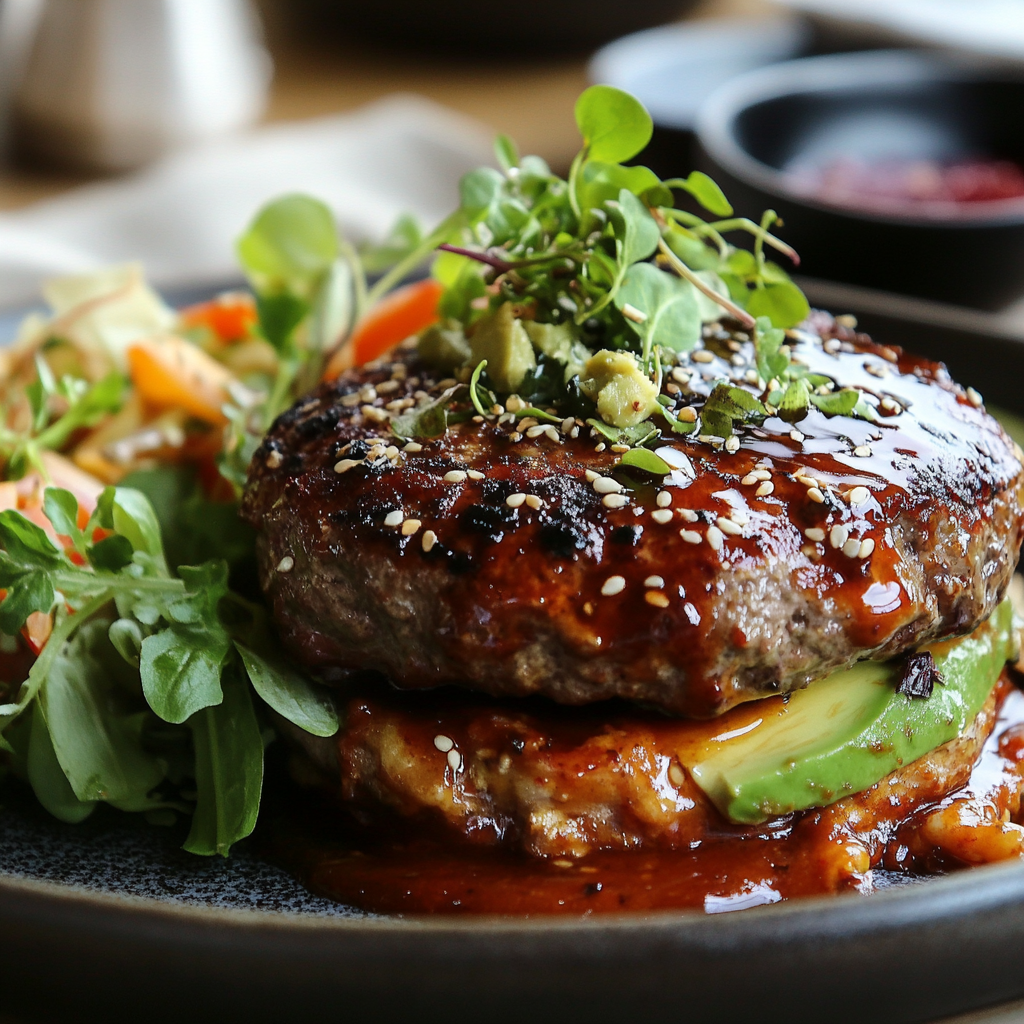 Korean person about to eat grass-fed burger and avocado.