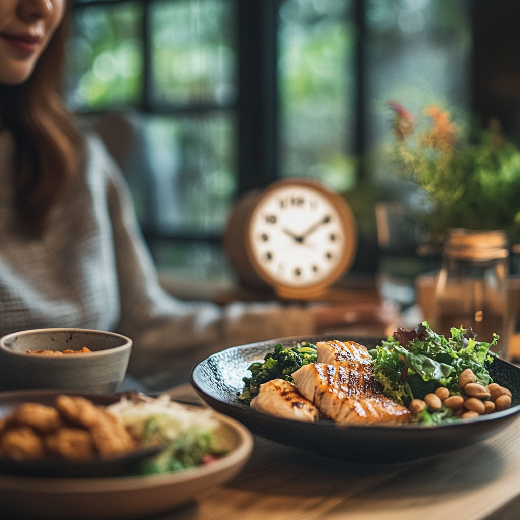 Korean person at dining table ready for balanced meal.