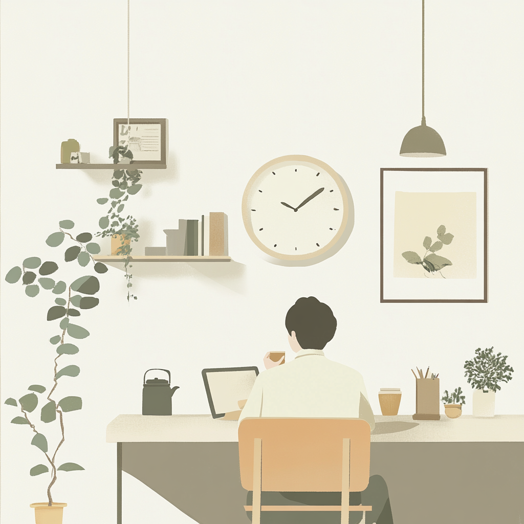 Korean person drinking tea and working from home peacefully.