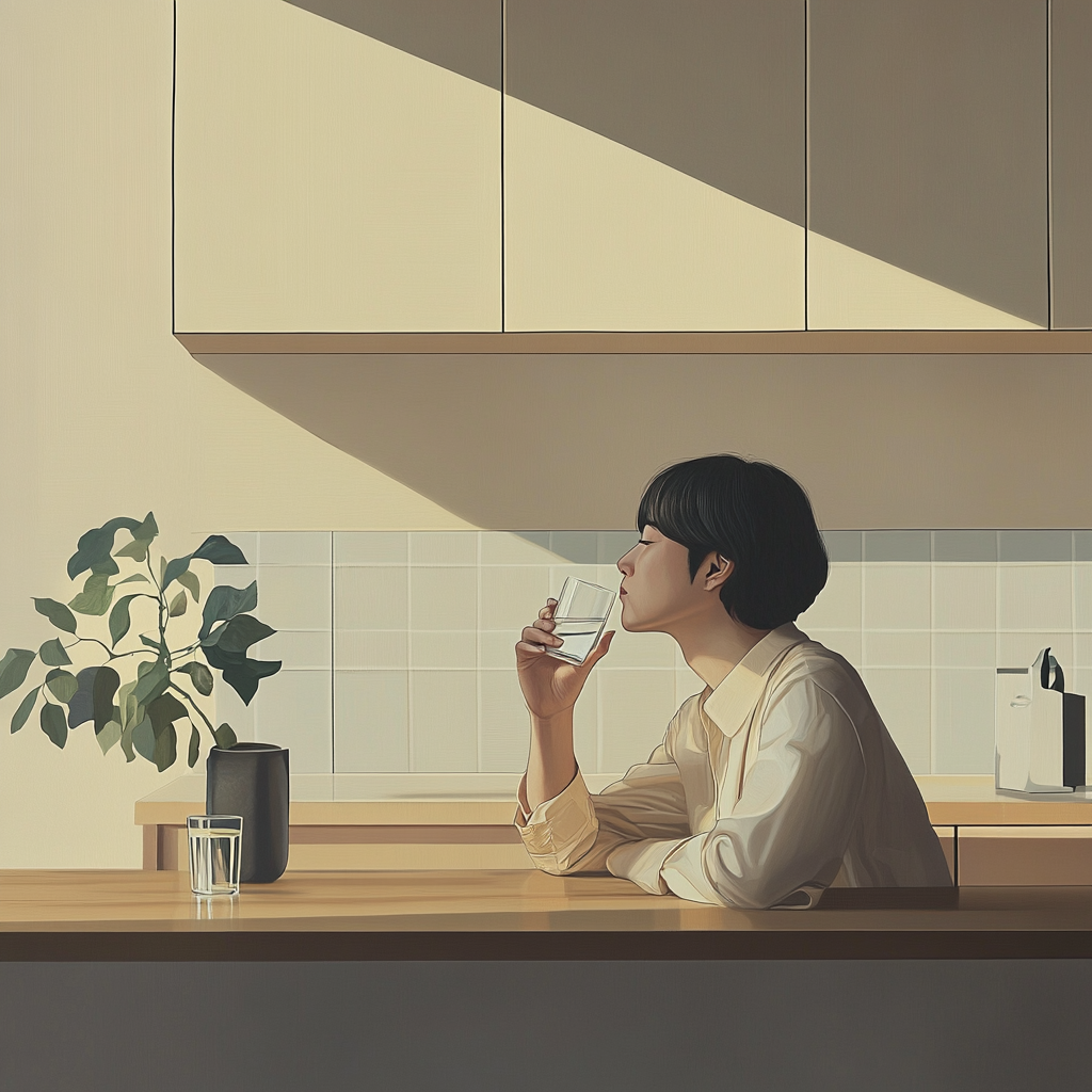 Korean person drinks water in modern kitchen, no food.