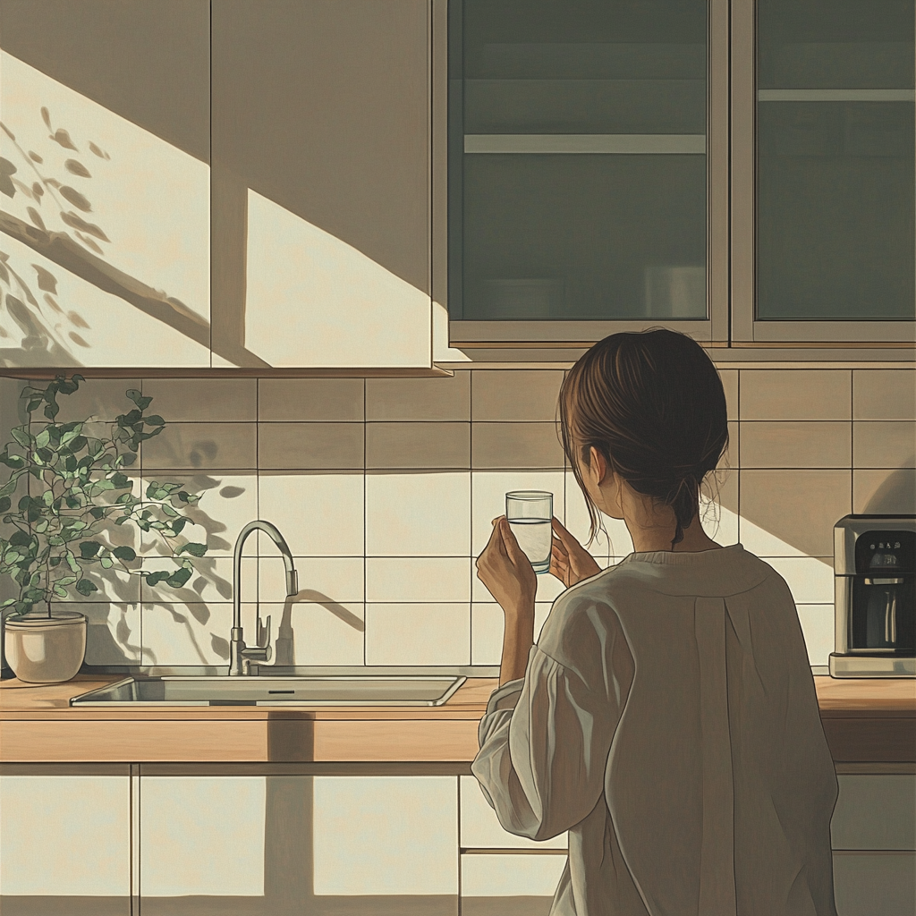 Korean person enjoying water in modern, minimalistic kitchen.