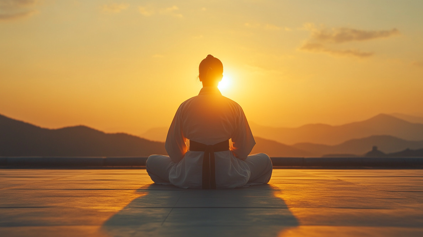 Korean person in Taekwondo uniform kneeling facing sun horizon.