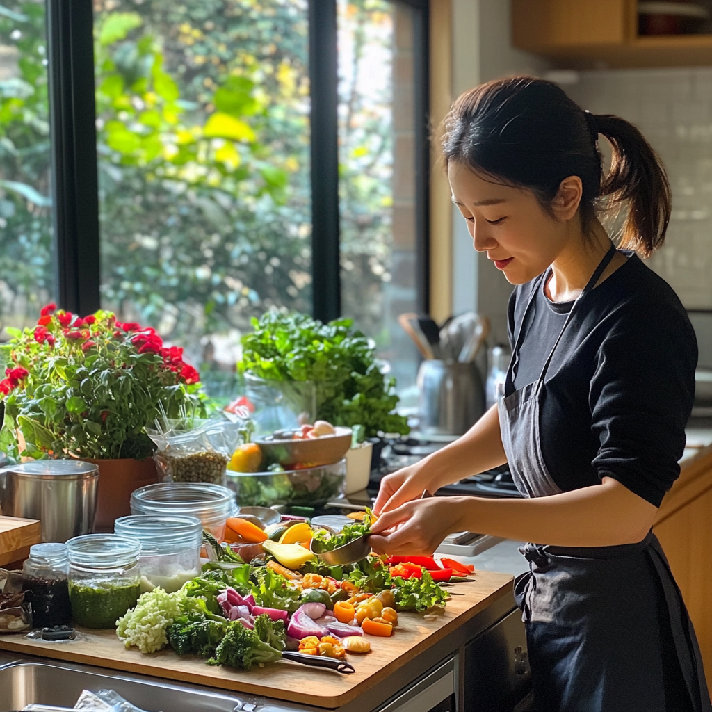 Korean person making salad in organized kitchen. Healthy ingredients.