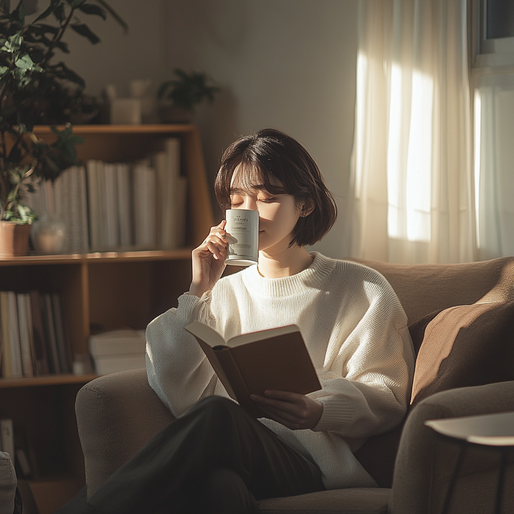 Korean person reading book while fasting in cozy room