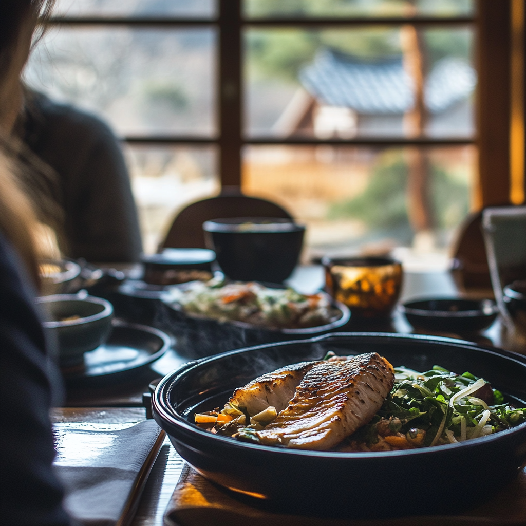 Korean person ready to eat balanced meal mindfully.