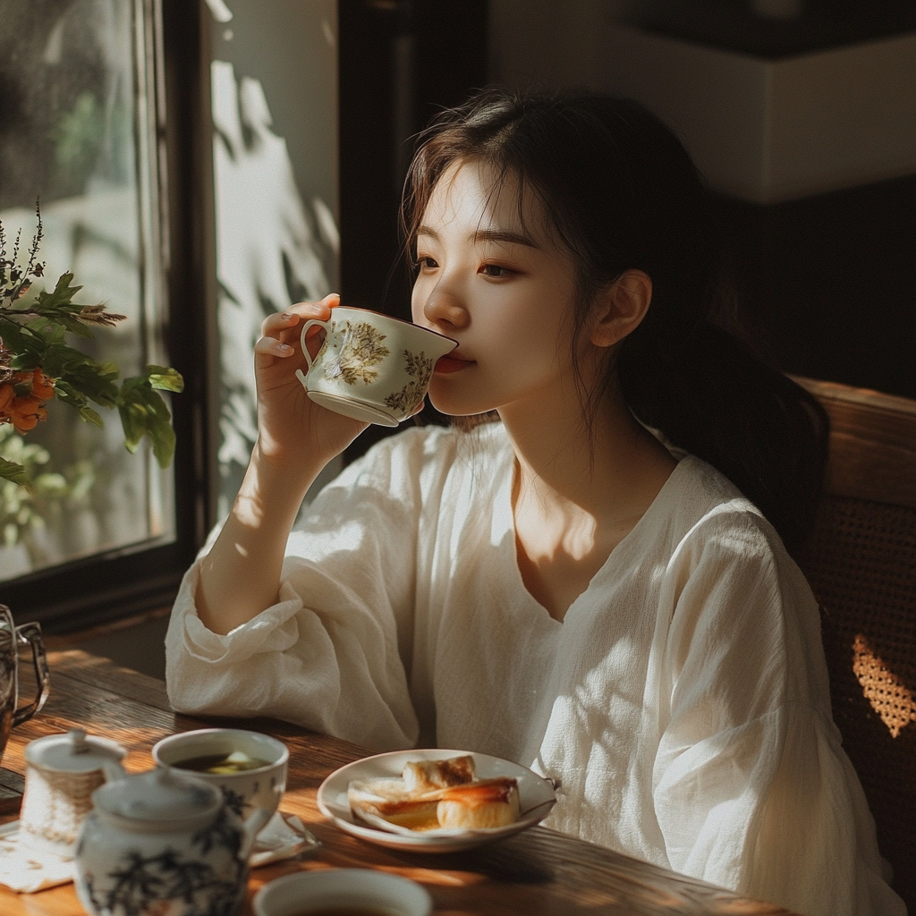 Korean person sipping tea, planning meals for fasting day.