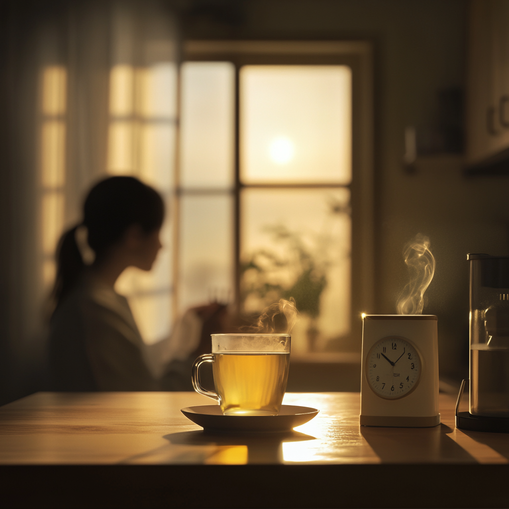 Korean person sipping tea in serene morning kitchen.