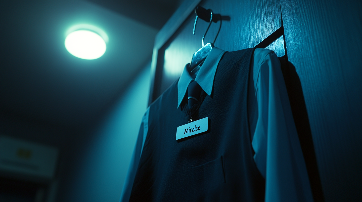 Korean school uniform hanging on door in moonlight.