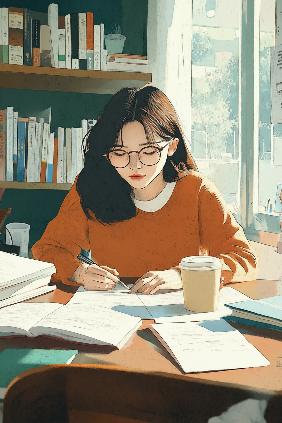 Korean teacher grading papers in Bauhaus cafe with latte.