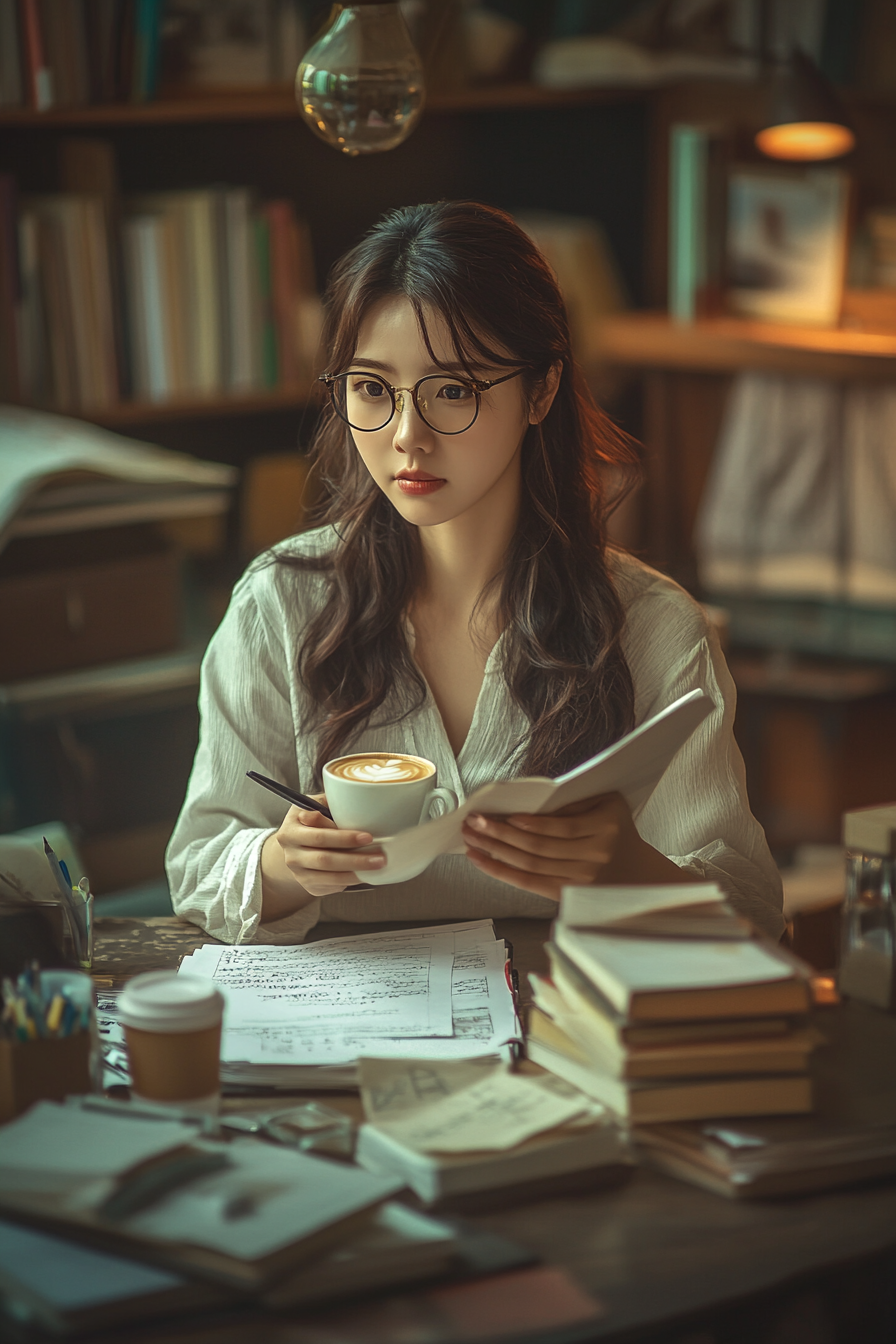 Korean teacher grading papers in stylish coffee shop.