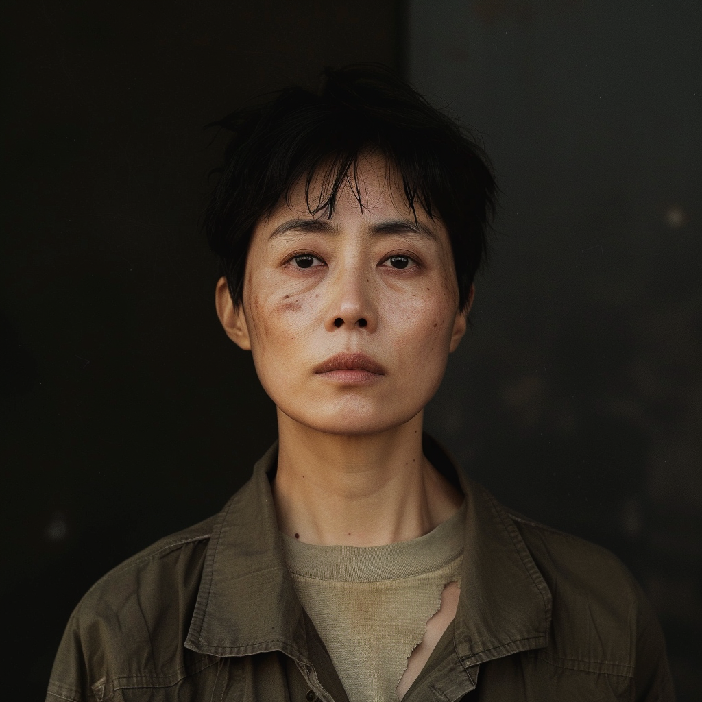 Korean woman, 40, tired look, short haircut, cop-like 