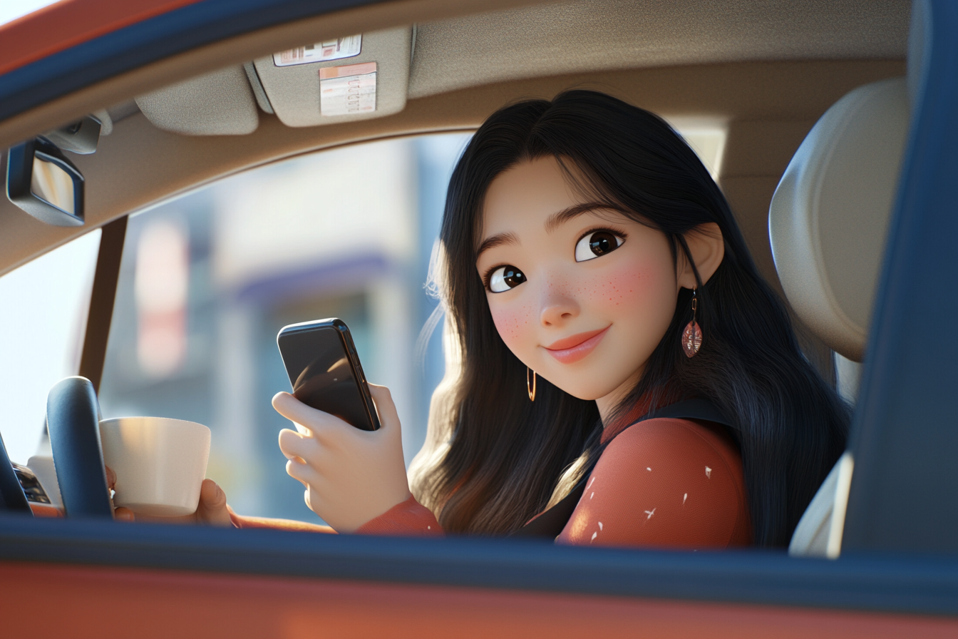 Korean woman in car with phone and coffee