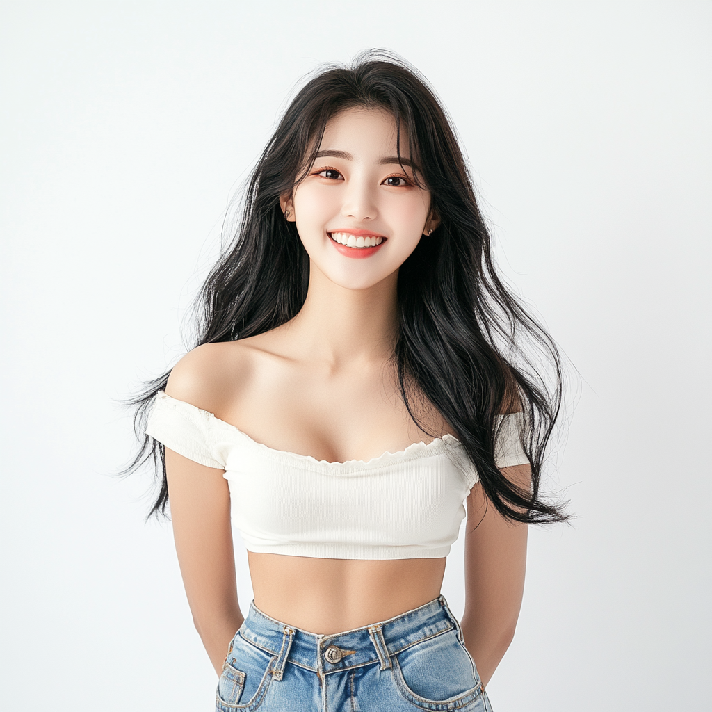 Korean woman in stylish outfit smiling confidently. White background.