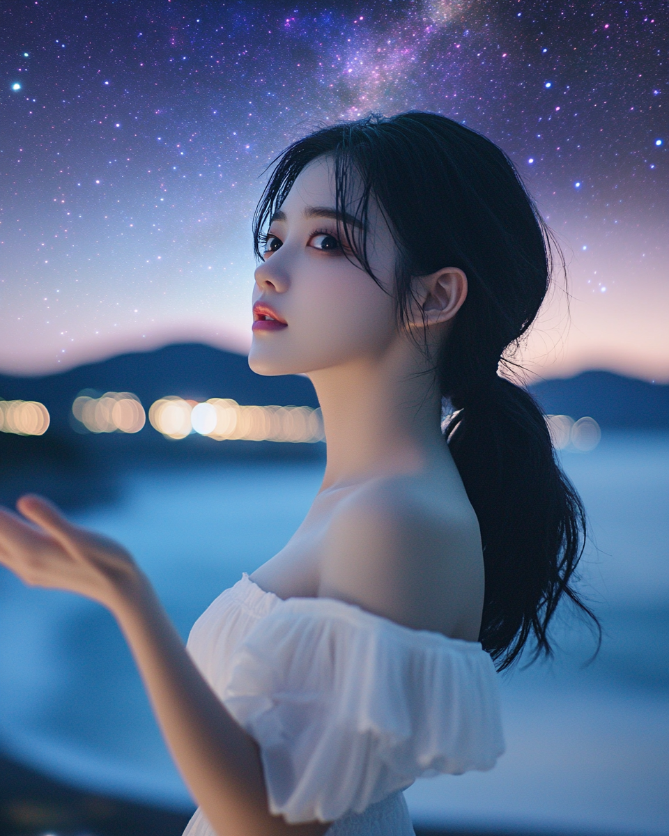 Korean woman in white dress under starry night sky.