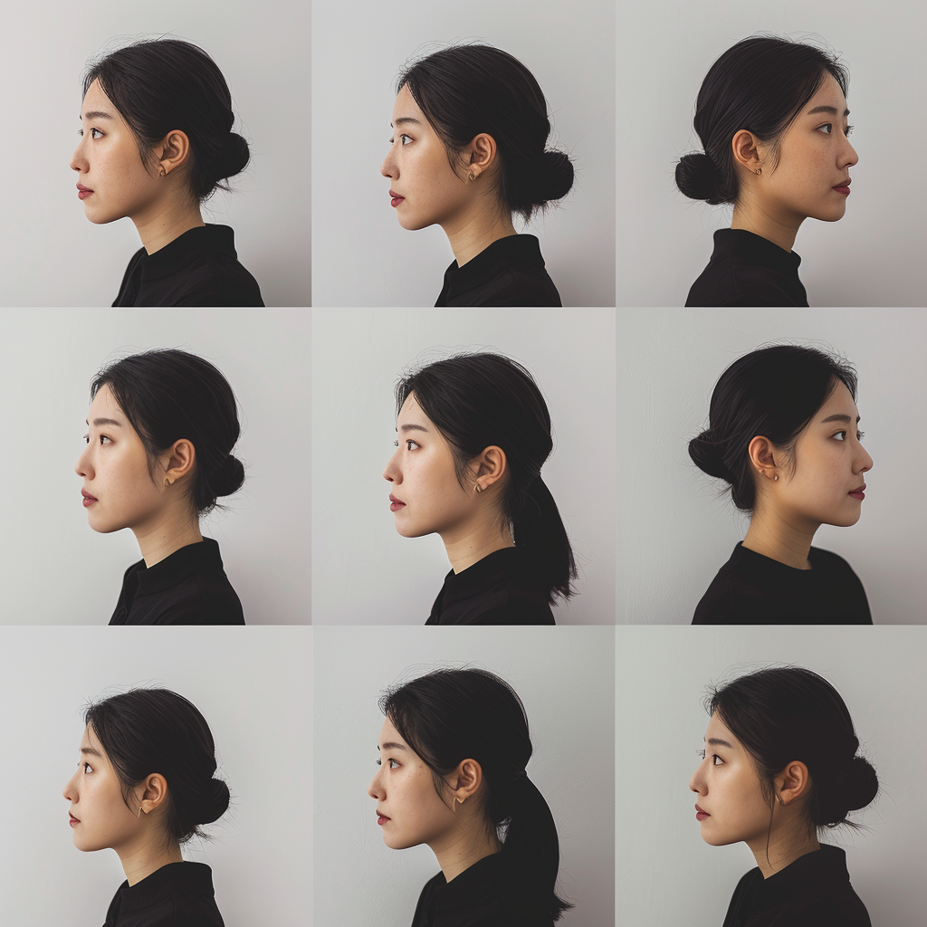 Korean woman portrait in 9 diverse angles, detailed.