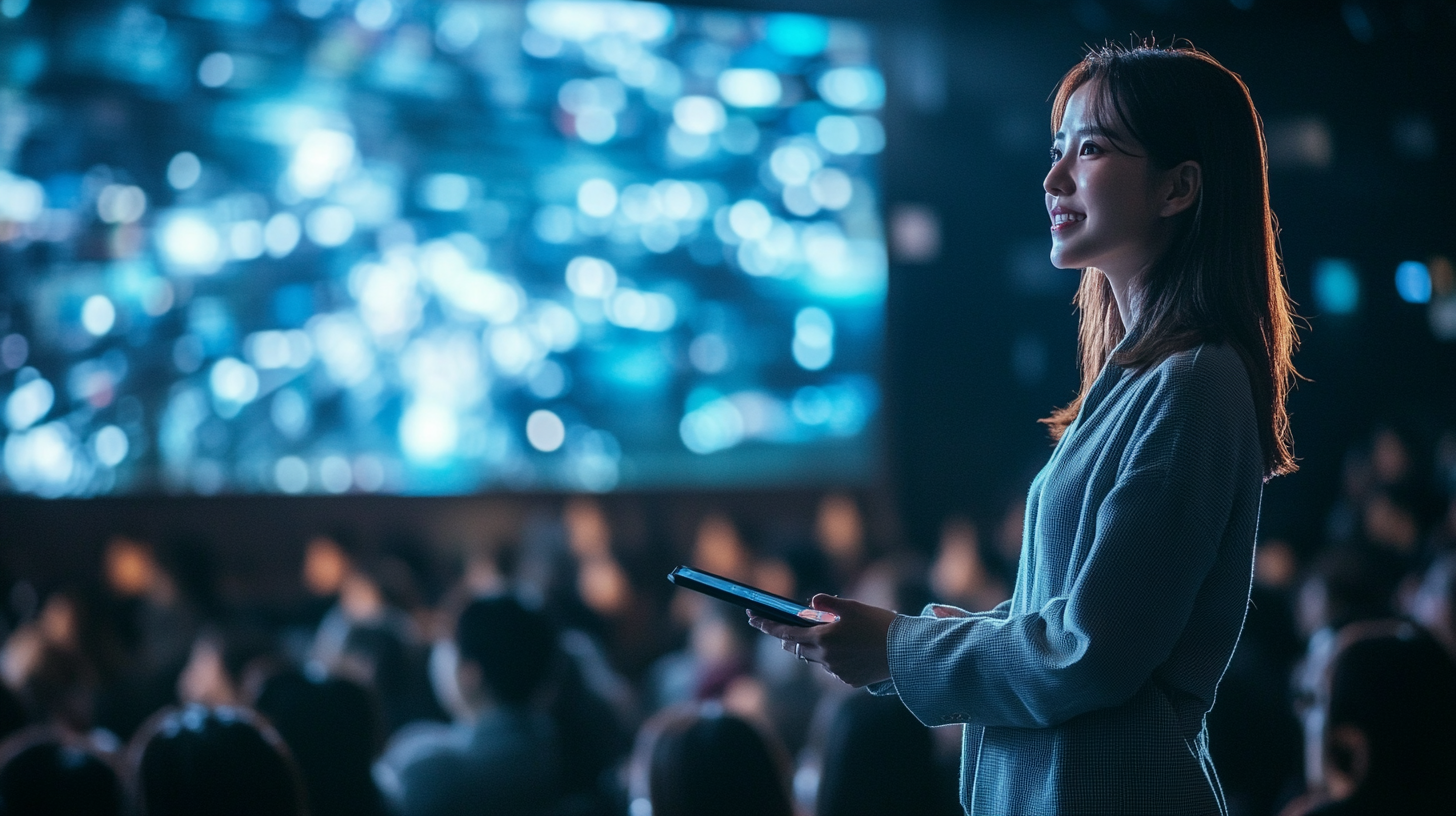 Korean woman presenting in auditorium, focused expressions, large screen.