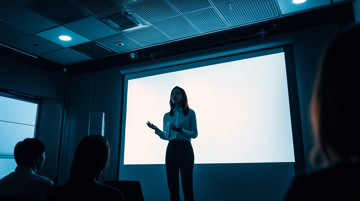 Korean woman presenting in dimly lit conference room.