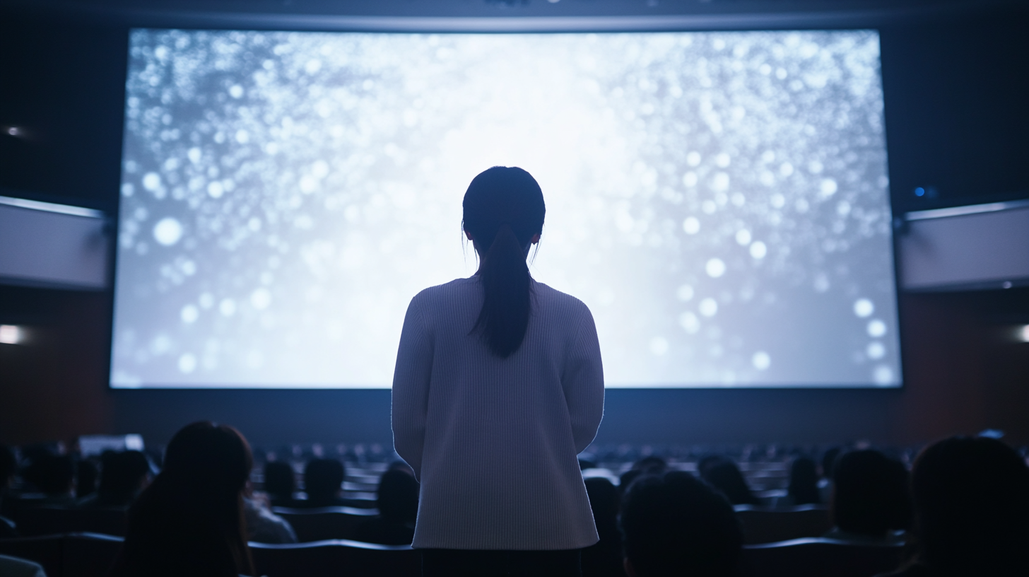 Korean woman presenting on big screen in auditorium.