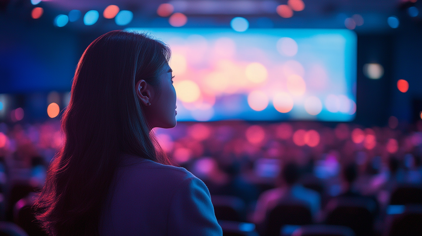 Korean woman presenting on stage with screen light glow.