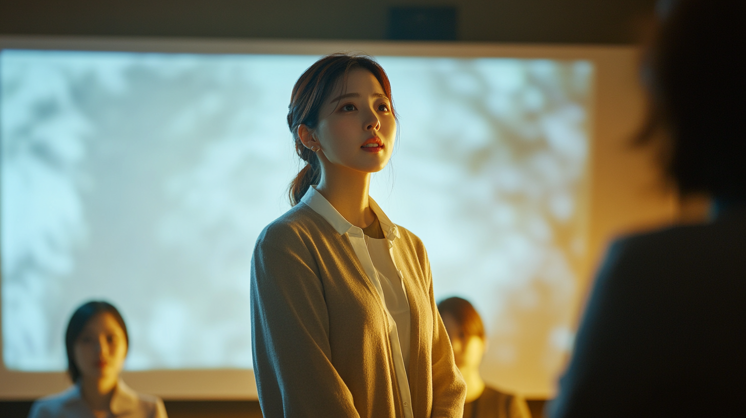 Korean woman presenting to group with modern lighting.