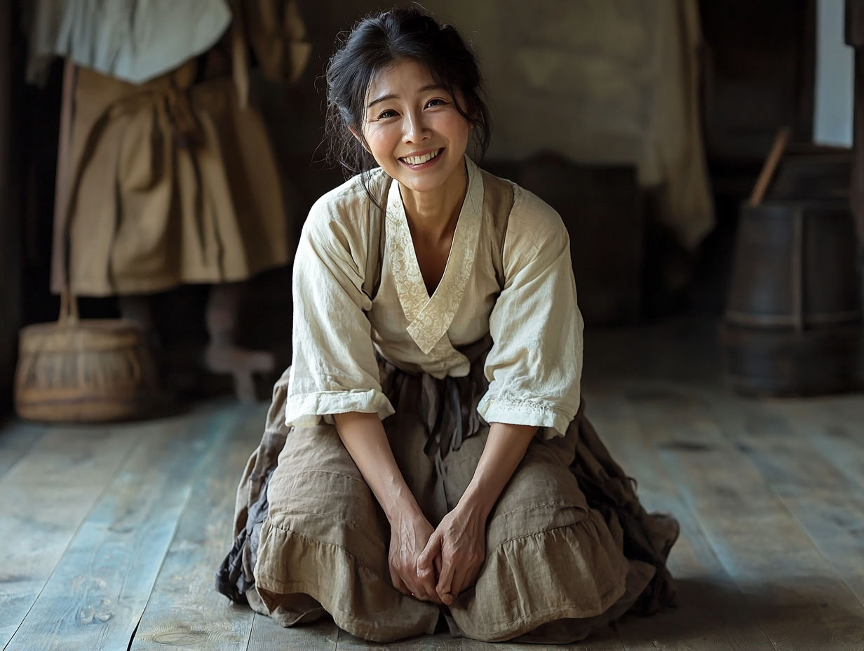 Korean woman resembling Selena Gomez dresses as peasant girl.