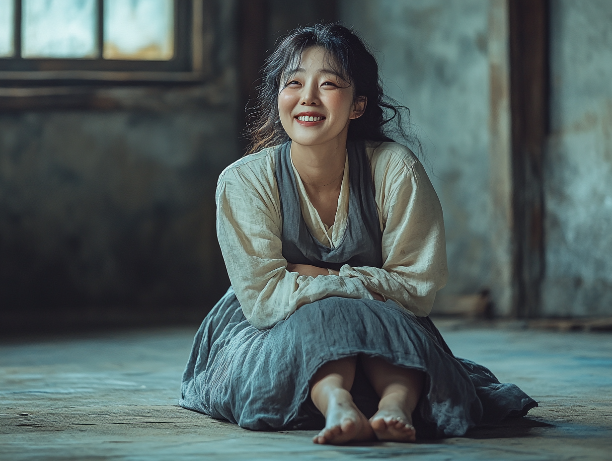 Korean woman resembling Selena Gomez wearing peasant outfit smiling.