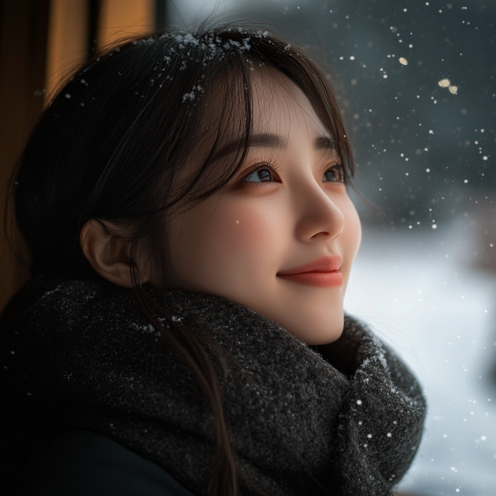 Korean woman smiling in cozy cabin winter wonderland