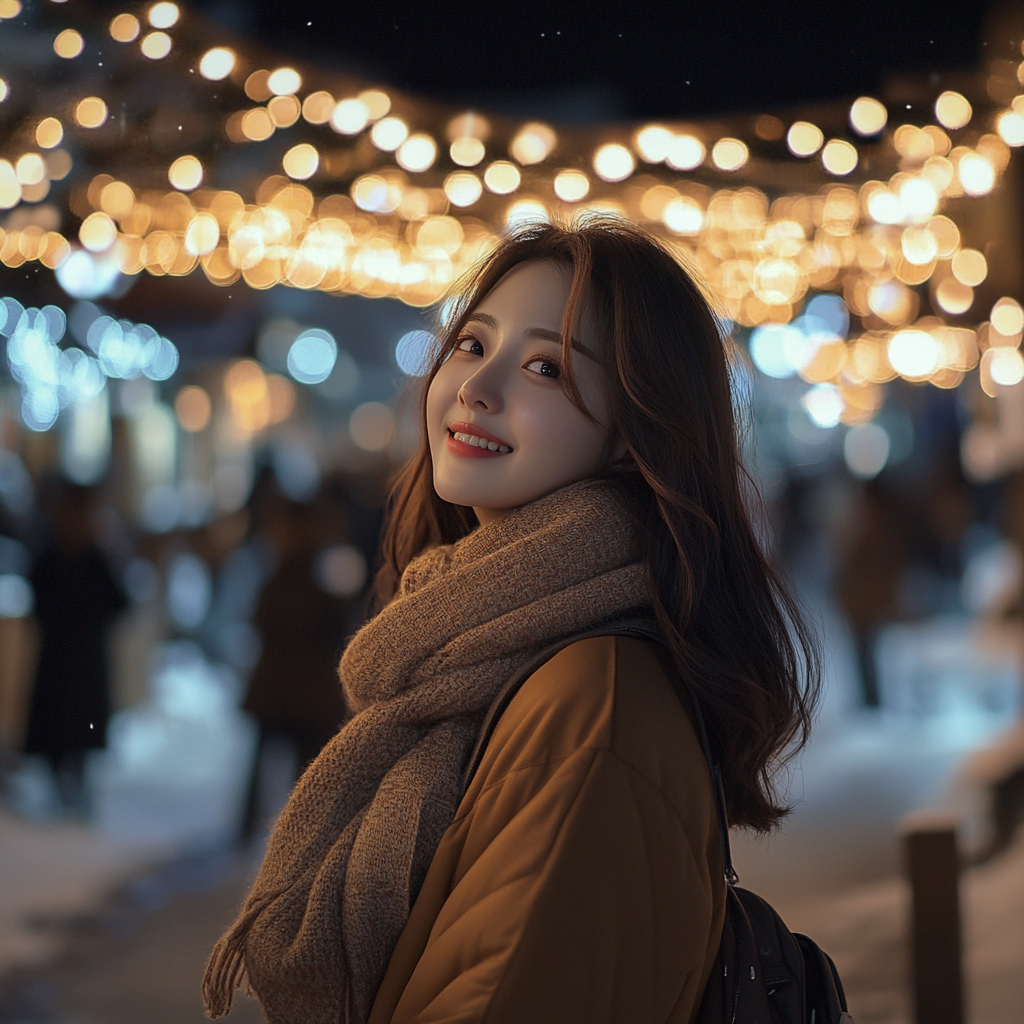 Korean woman smiling in snowy festival town