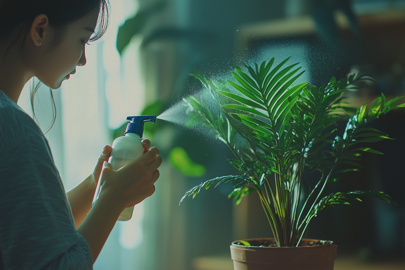 Korean woman sprays water on houseplant in morning