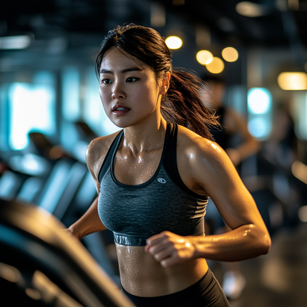 Korean woman sprinting on treadmill in modern gym.