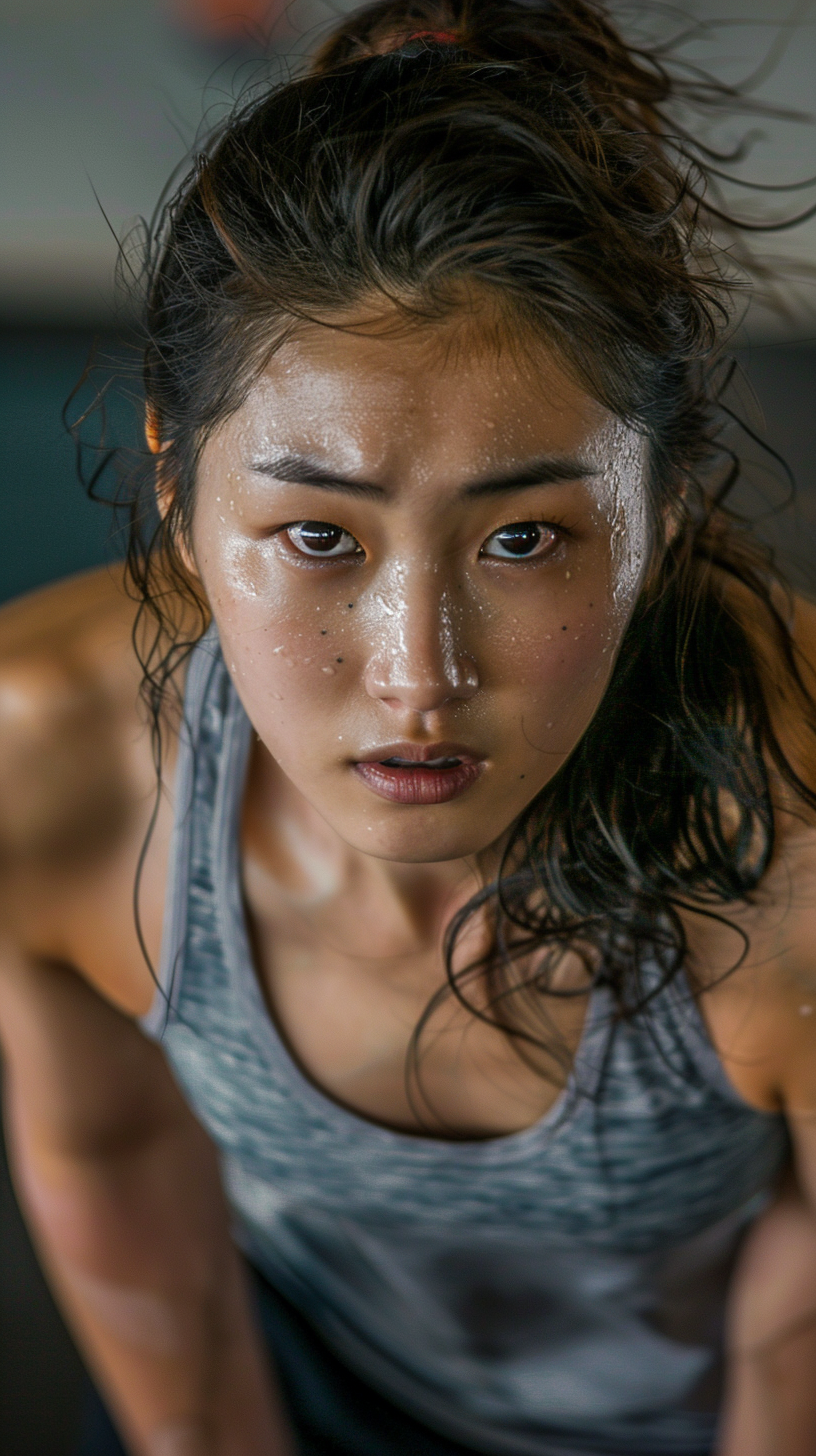 Korean woman sweating, focused on high-intensity gym workout.