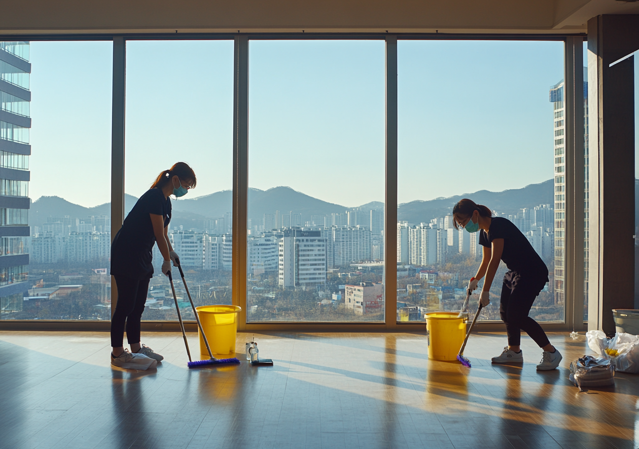 Korean women cleaning modern city apartment above 10th floor.