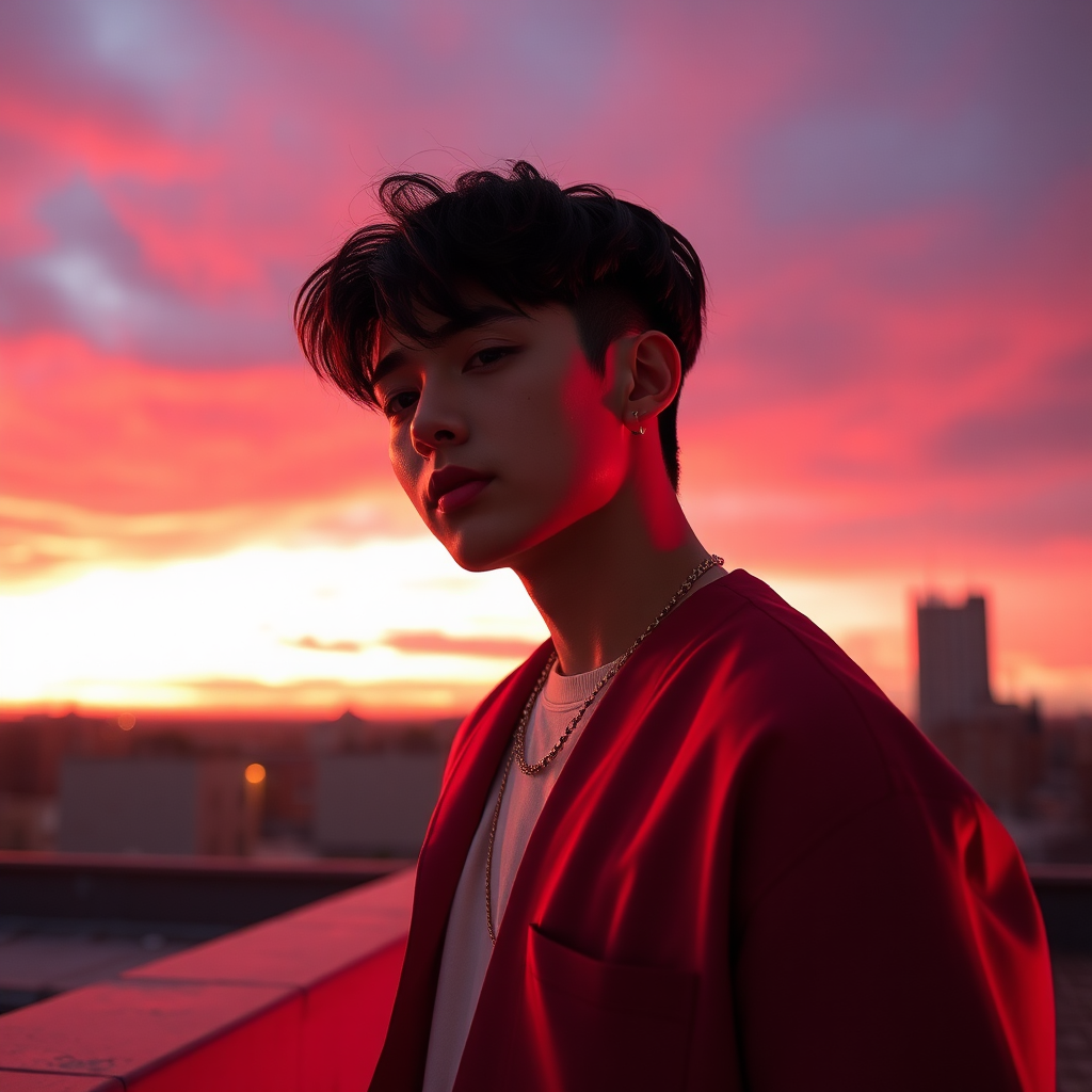 Kpop Male Idol Dynamic Sunset Rooftop Photos