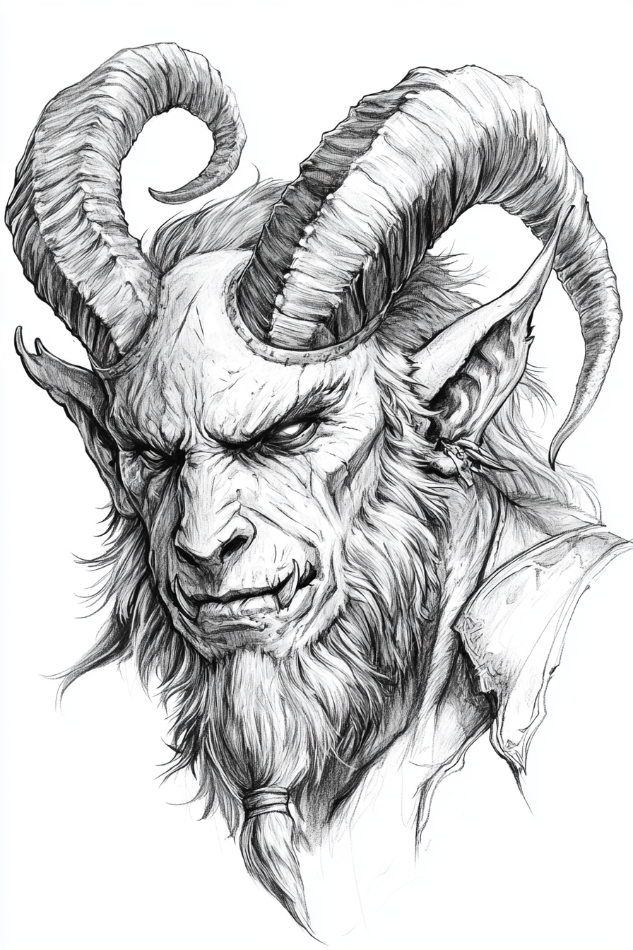 Krampus in grayscale, full body, traditional German design.