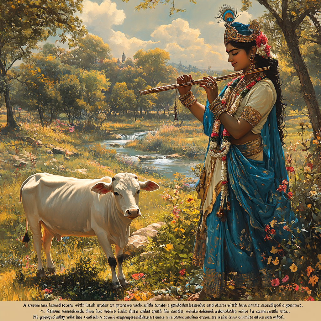 Krishna Playing Flute in Serene Landscape at Sunset