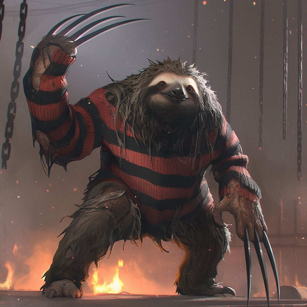 Krueger Sloth: Terrifying Freddy-inspired character in shadowy setting