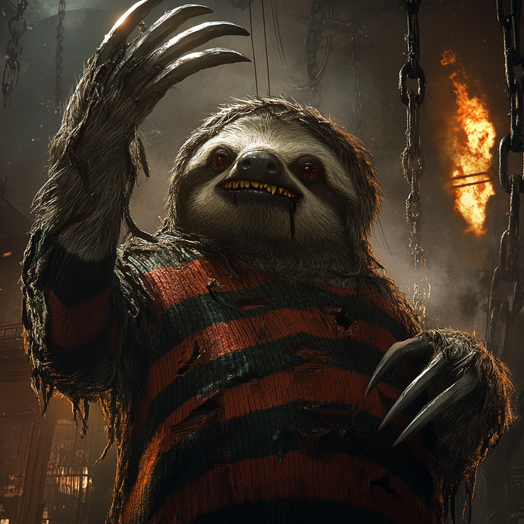 Krueger Sloth: Terrifying Nightmare in Dark Industrial Scene