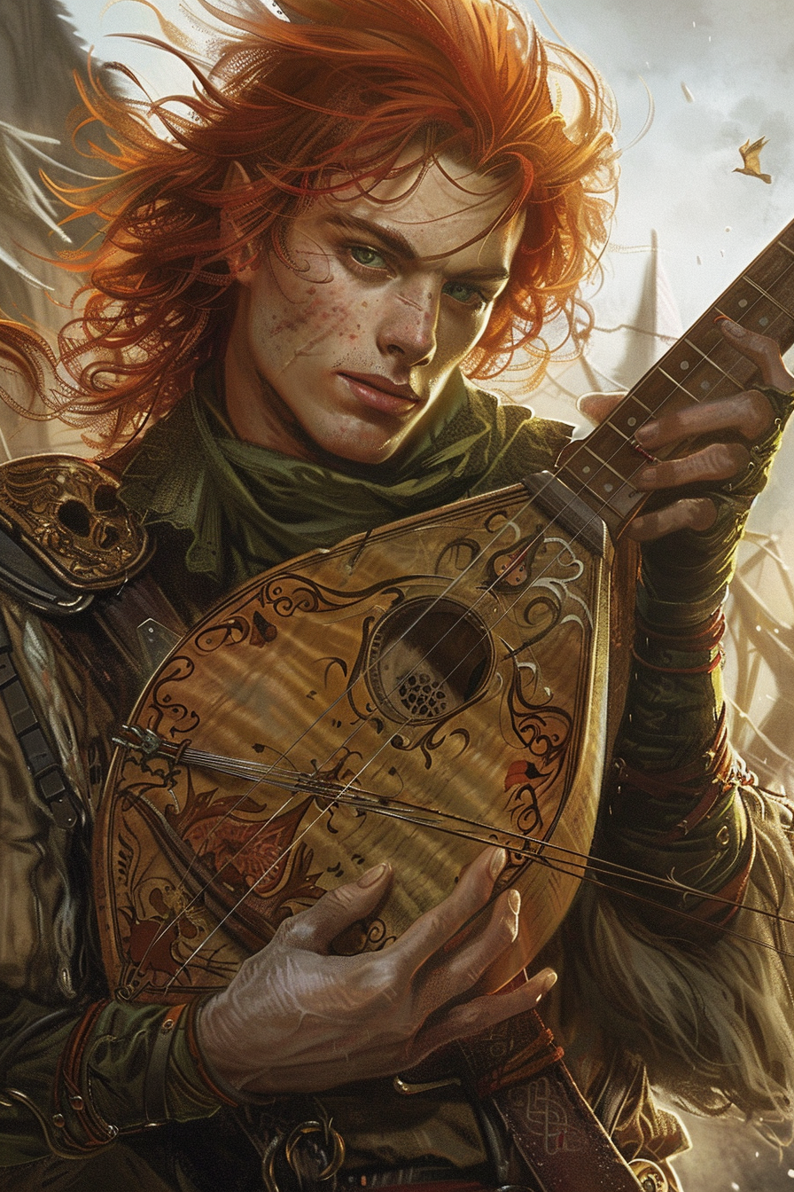 Kvothe with fiery red hair, playing lute by inn.