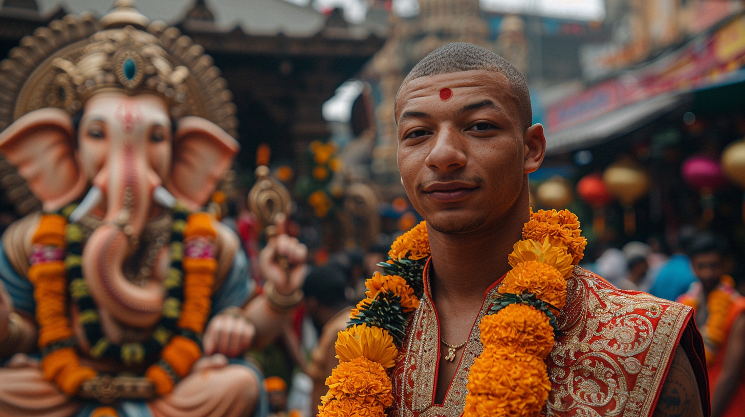 Kylian Mbappé in red sherwani at Ganesh festival.