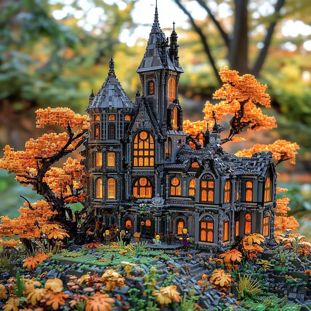 LEGO Victorian school buildings with creepy, Halloween vibes tilt.