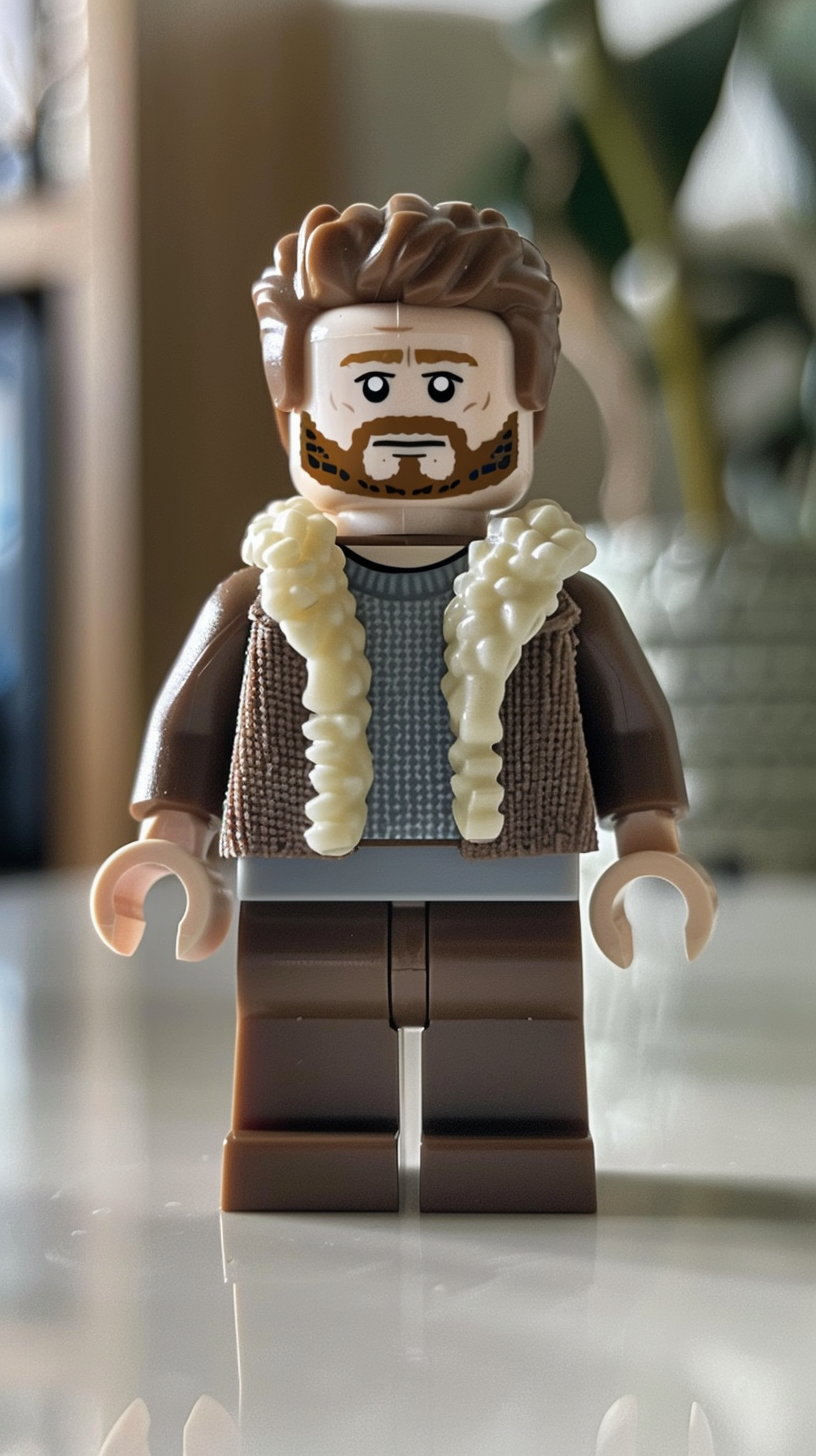 LEGO man with square face, strong jawline, brown beard.