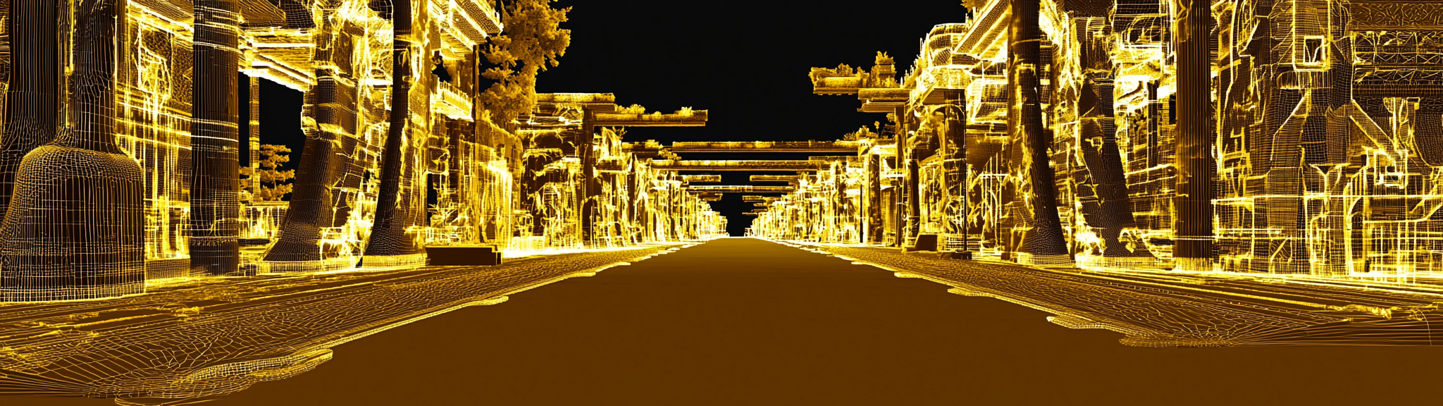 LIDAR scan of mythical city with golden colors.