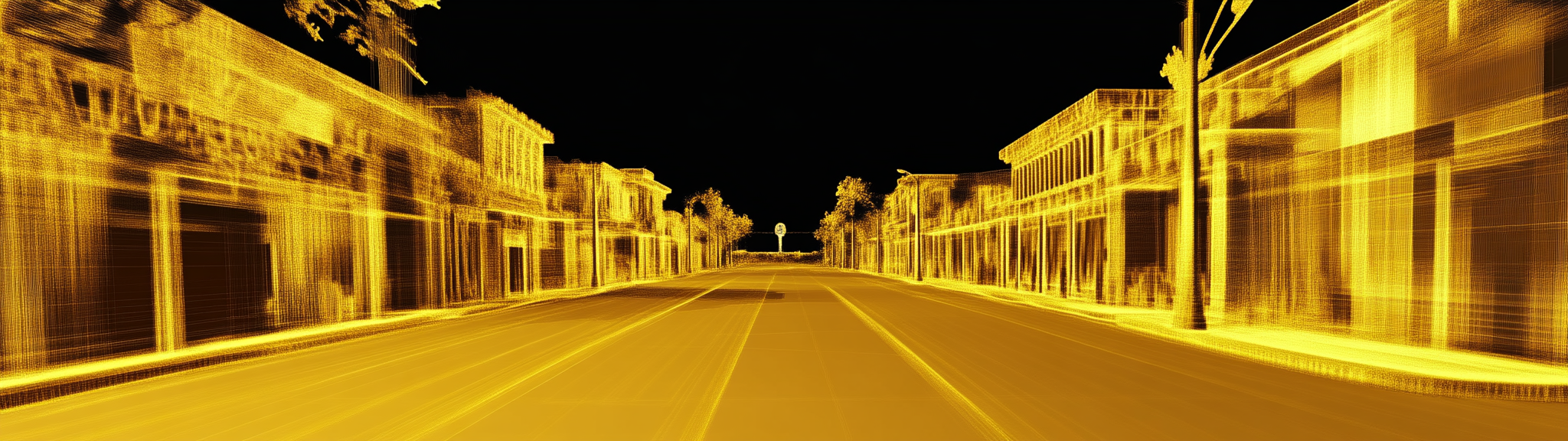 LIDAR scan of street in mythical city, golden colors.