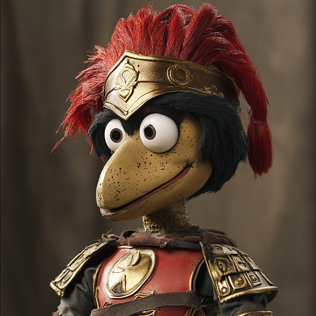 Lady Sparta puppet in Spartan armor with red helmet.