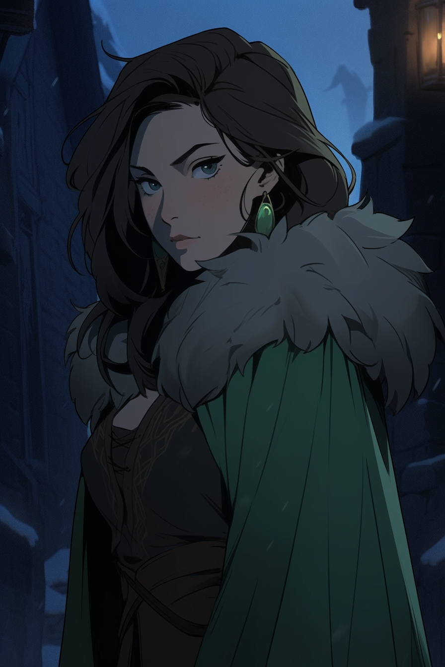 Lady in Winterfell Castle at night, 30, tall