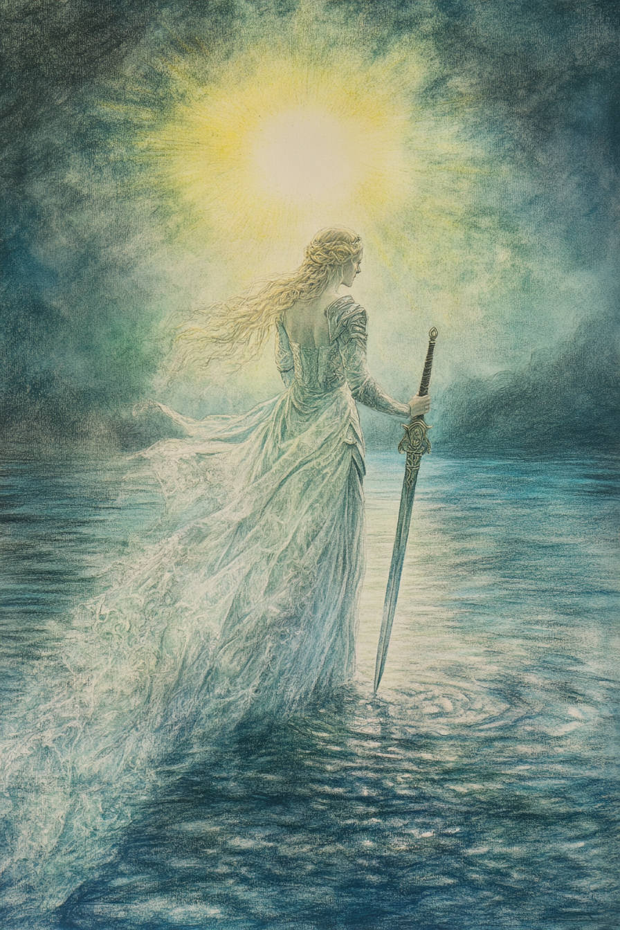 Lady of the Lake emerges from misty lake 