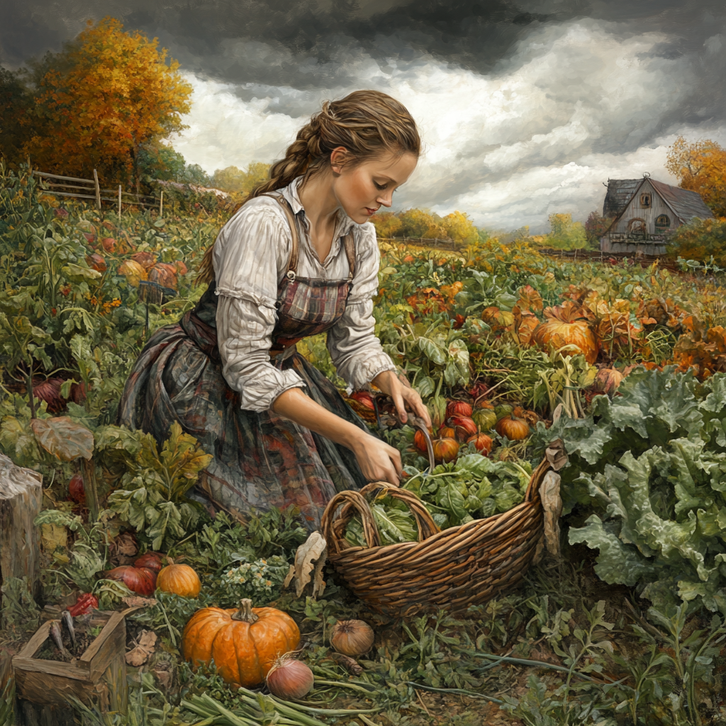 Lady picking ripe vegetables in garden on cloudy day.